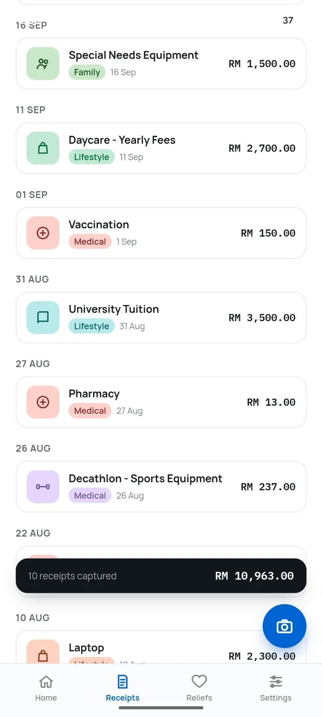 Refundku receipts list grouped and totalled by relief category